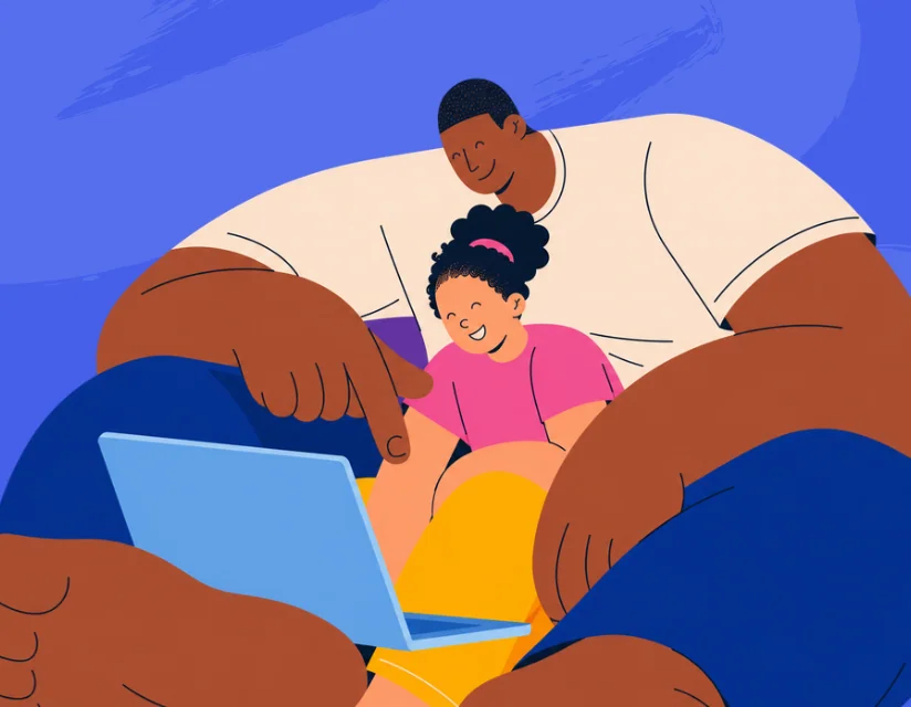 A parent and child learning together on a laptop