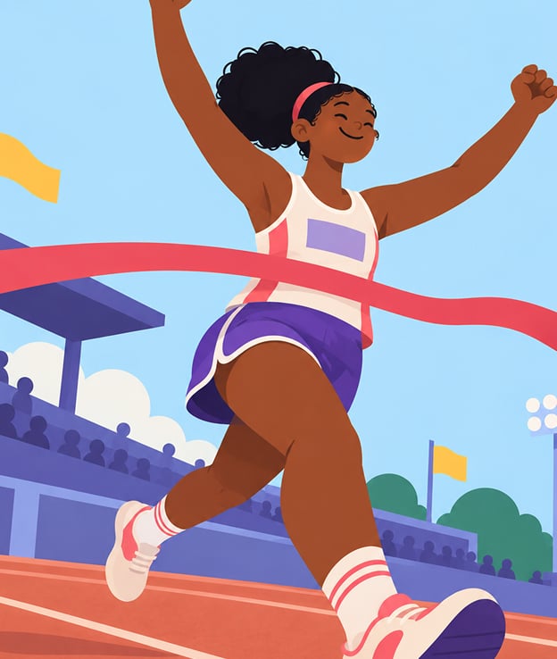 A girl breaking the finish-line tape at a track race