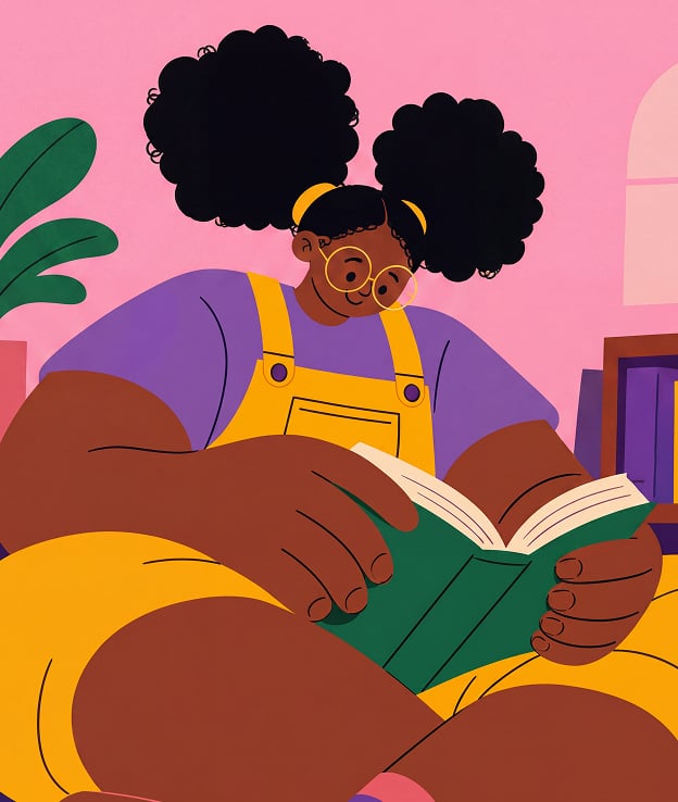 A girl reading a book in a cosy chair
